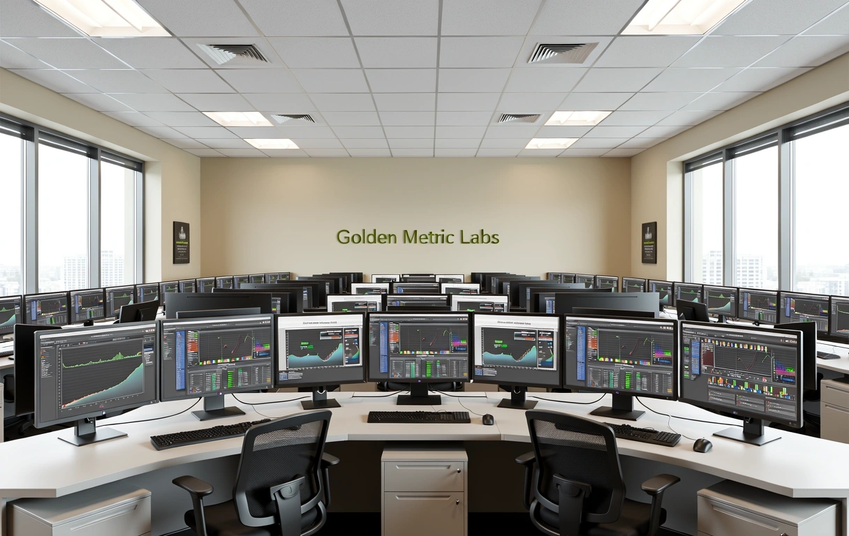 The interior of Golden Metric Labs showing advanced data workstations.
